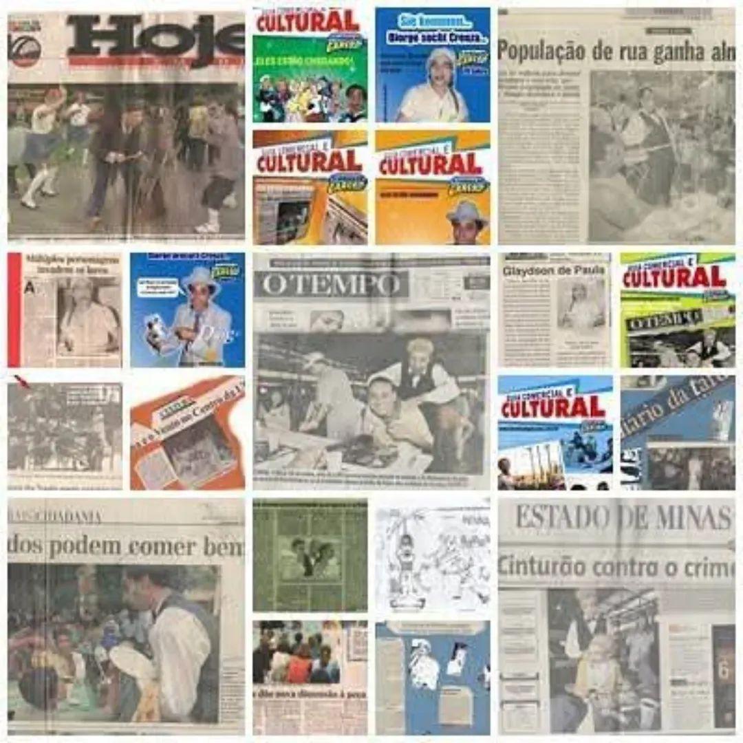 Recortes de jornal e histórico de divulgação